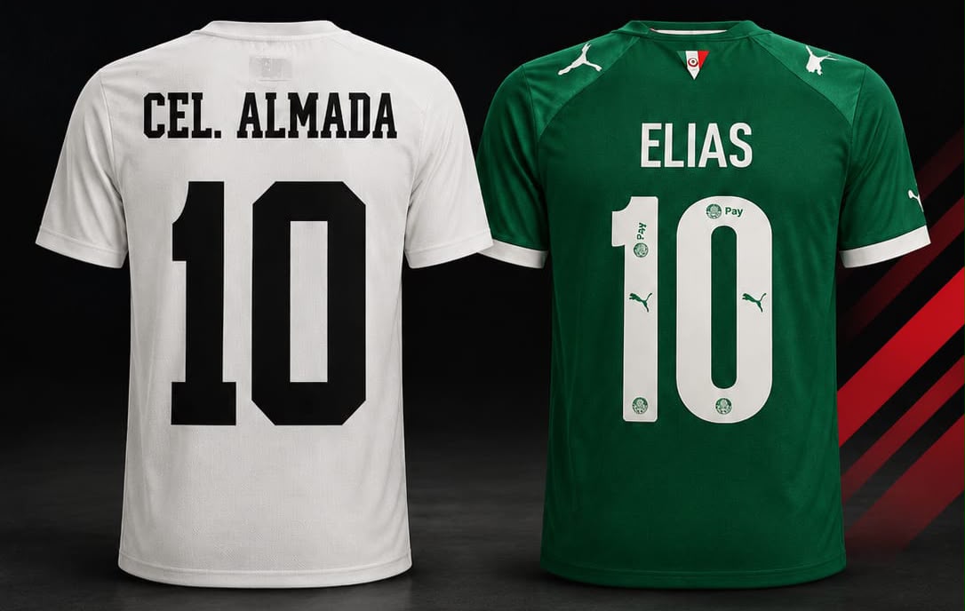 Duas camisas com nome e número aplicados: à esquerda a personalização padrão da loja, à direita a personalização oficial do clube