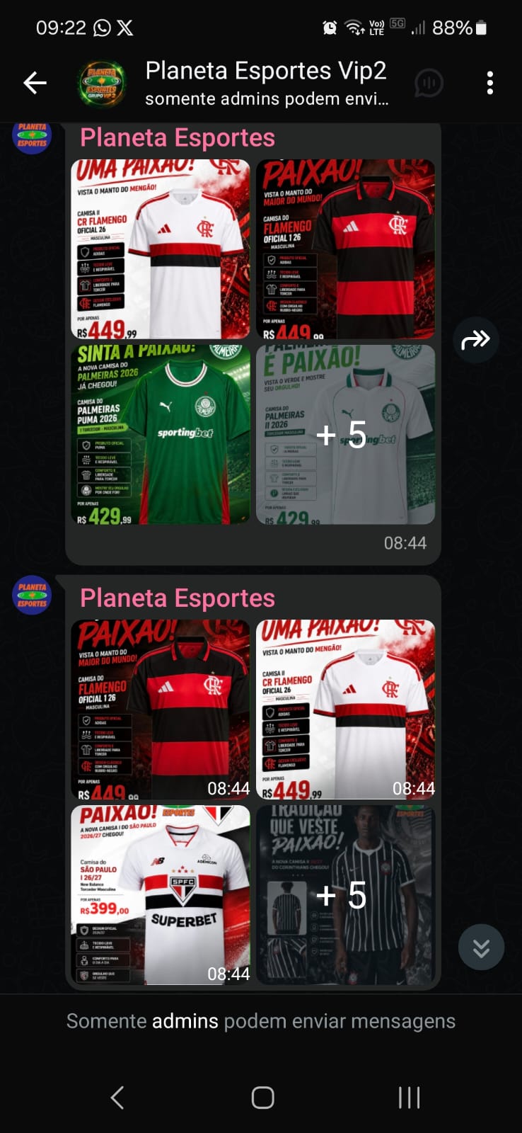 Conversa do Grupo VIP da Planeta Esportes no WhatsApp, com ofertas de camisas do Flamengo, Palmeiras e São Paulo